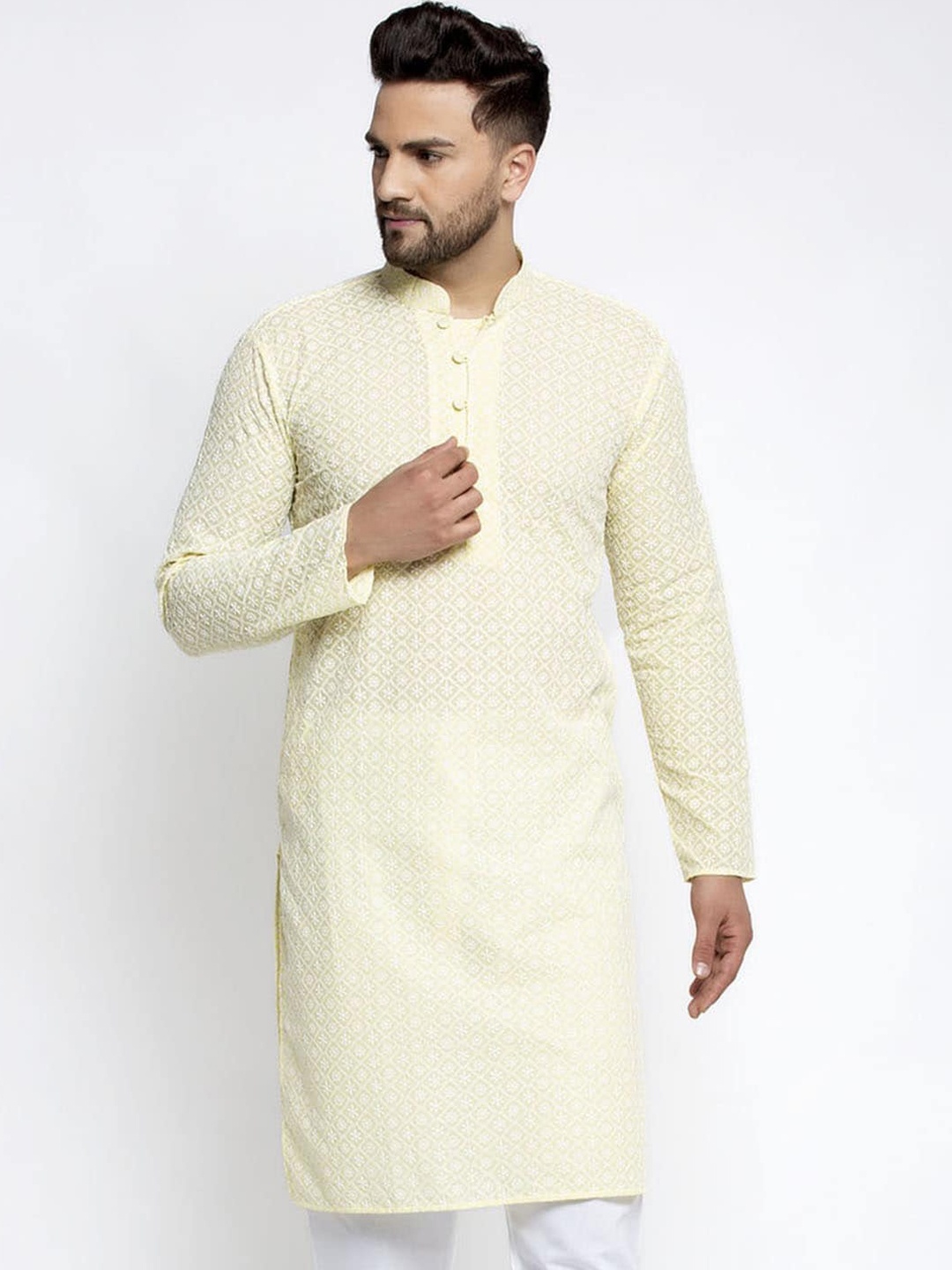 

Jompers Men Yellow Geometric Thread Work Kurta