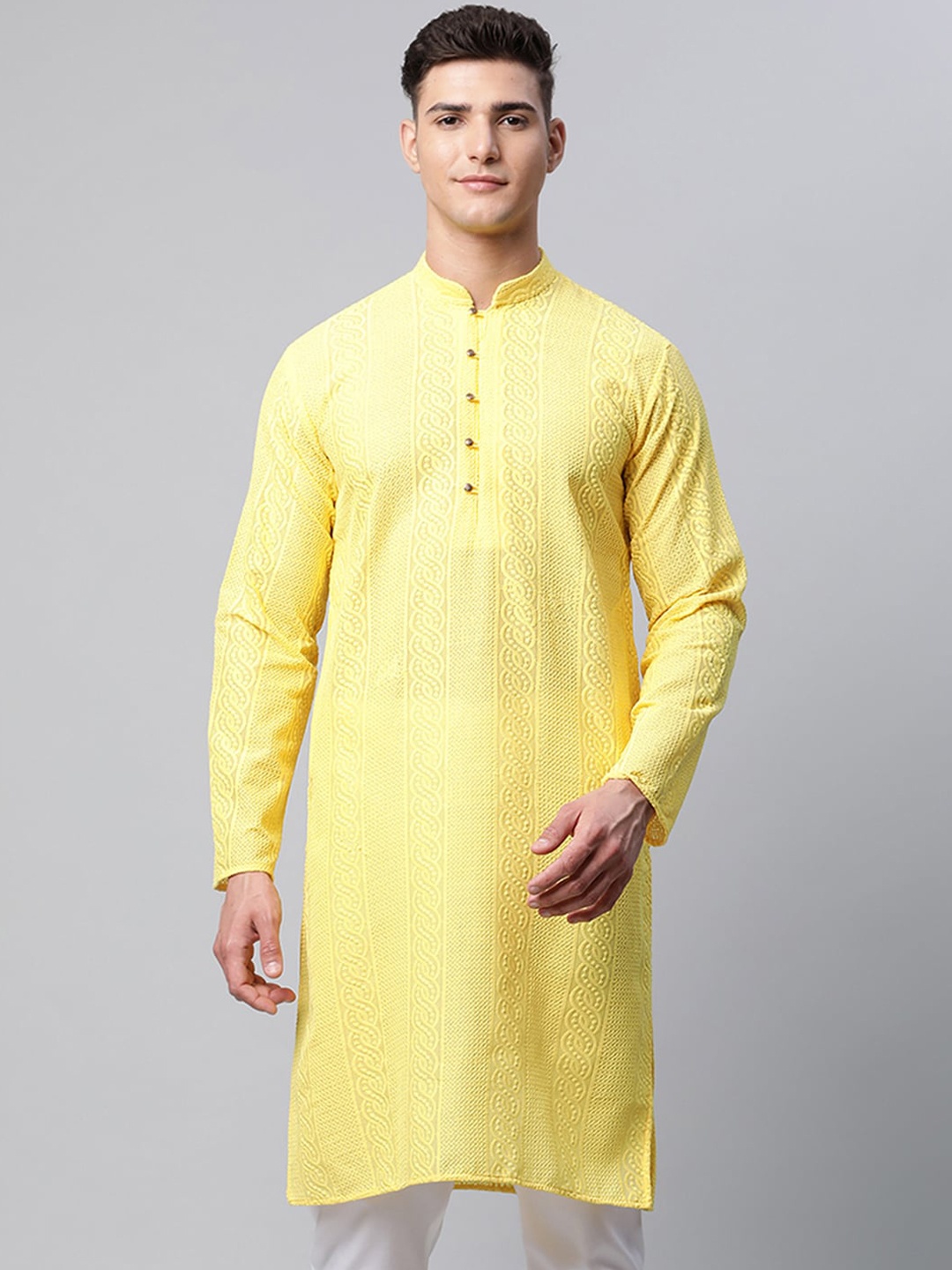 

Jompers Men Yellow Embroidered Work Kurta