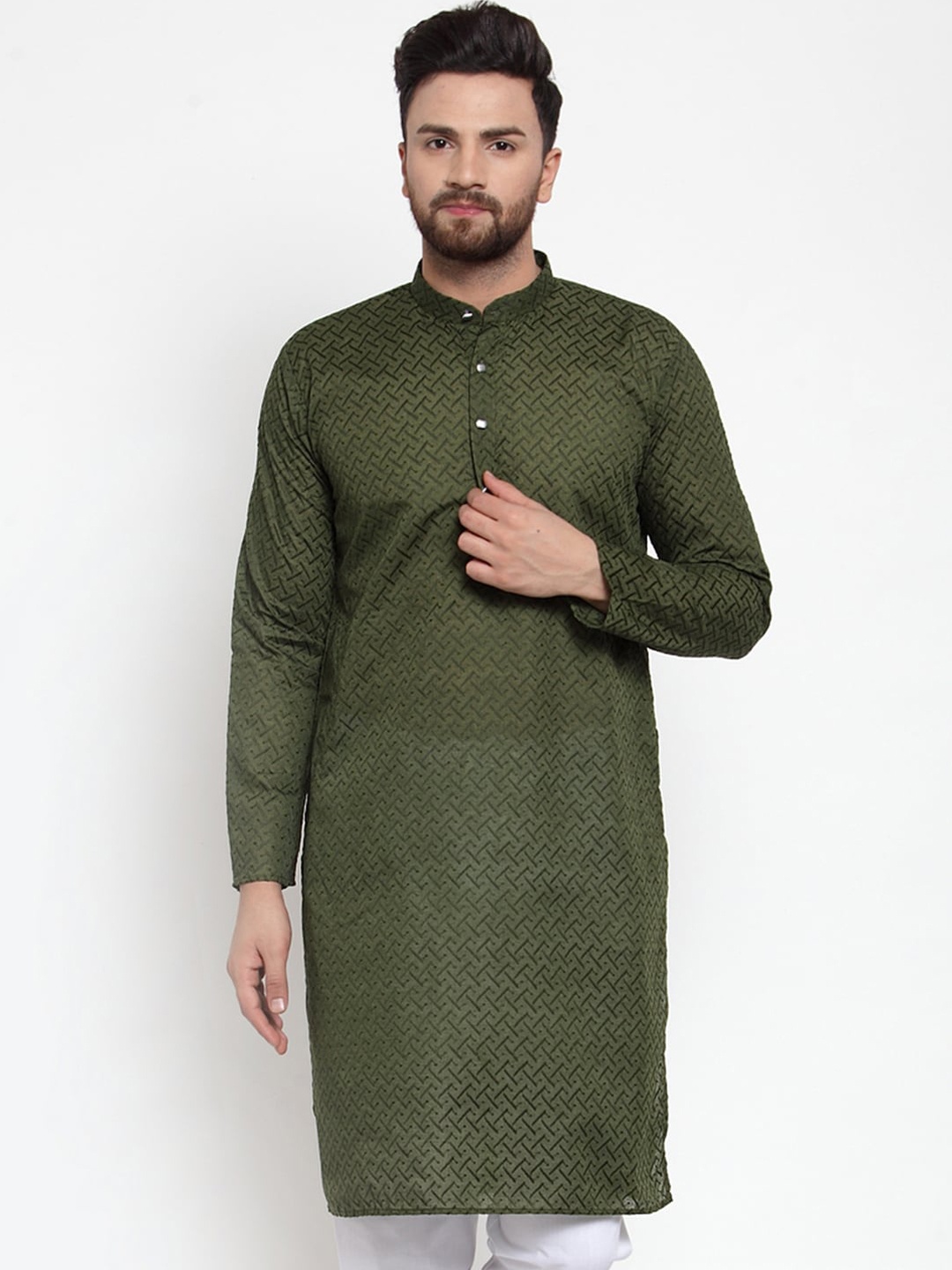 

Jompers Men Olive Green Thread Work Kurta