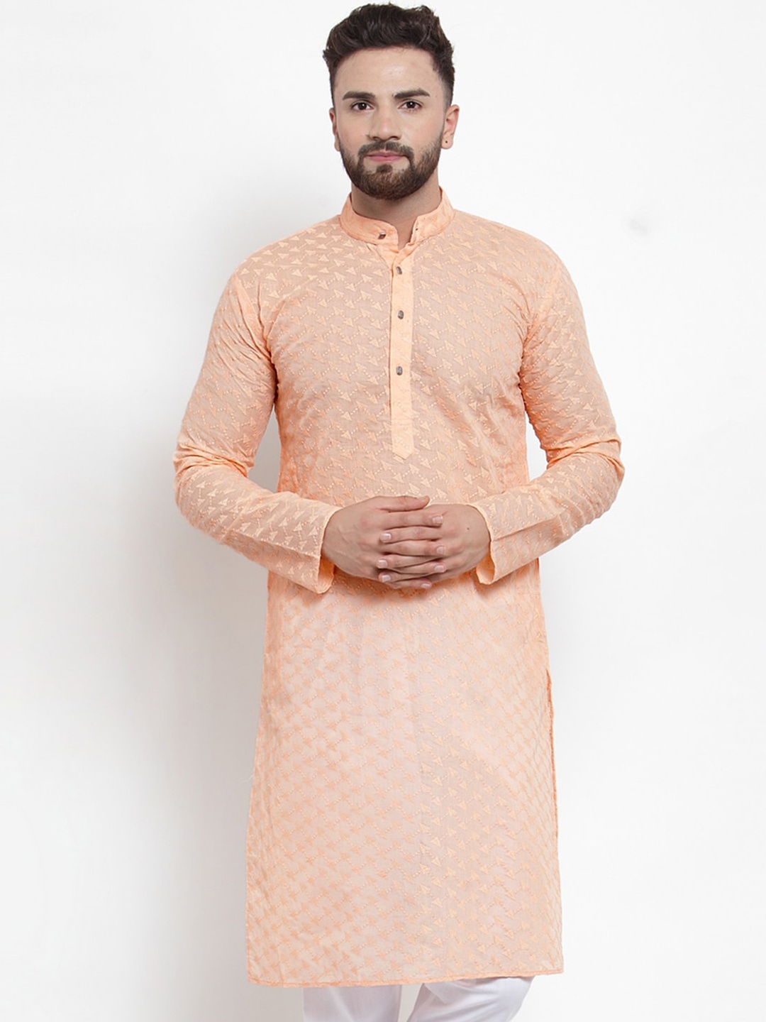 

Jompers Men Orange Embroidered Thread Work Kurta