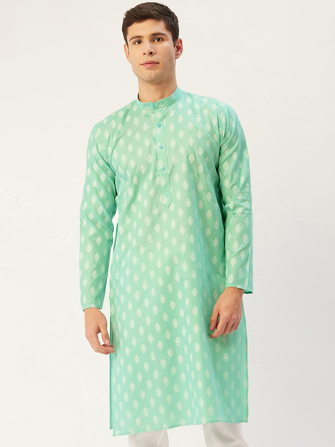 

Jompers Men Green Ethnic Motifs Mandarin Collar Kurta