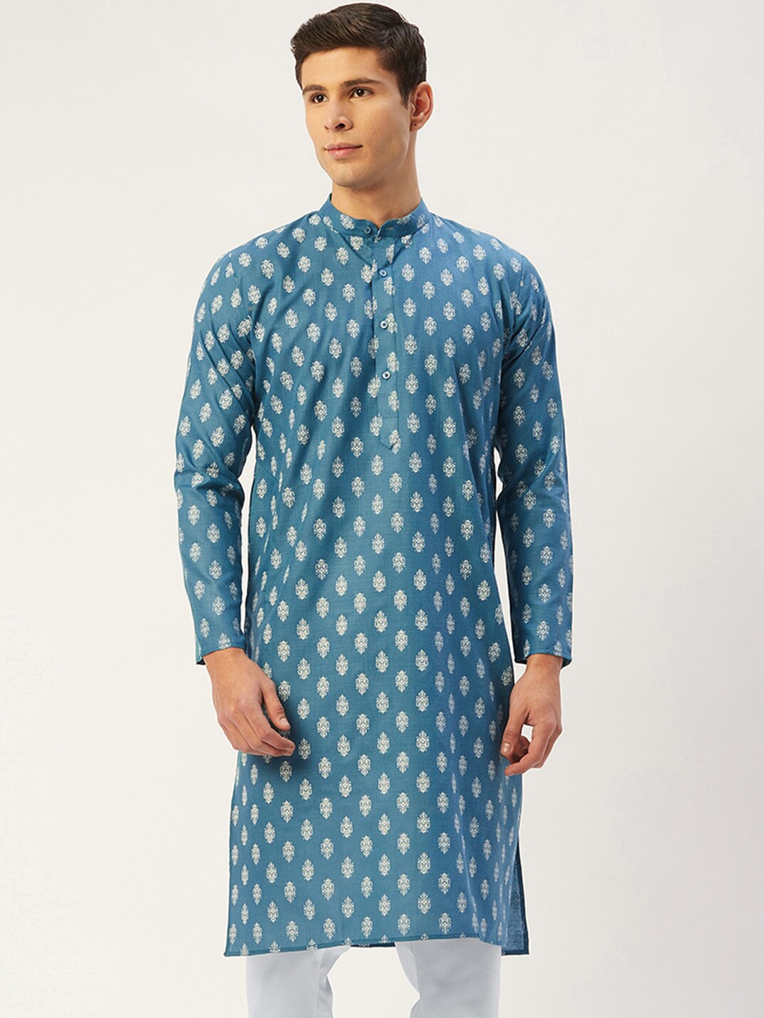 

Jompers Men Teal & White Ethnic Motifs Thread Work Kurta