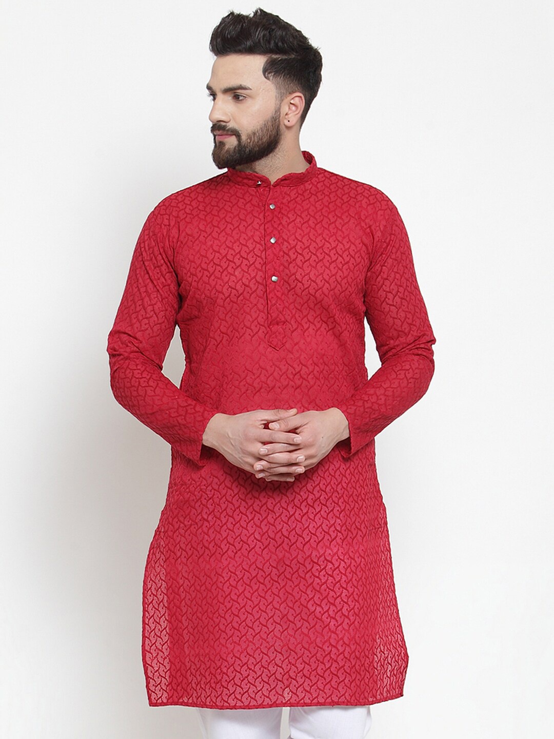 

Jompers Men Maroon Embroidered Pure Cotton Kurta