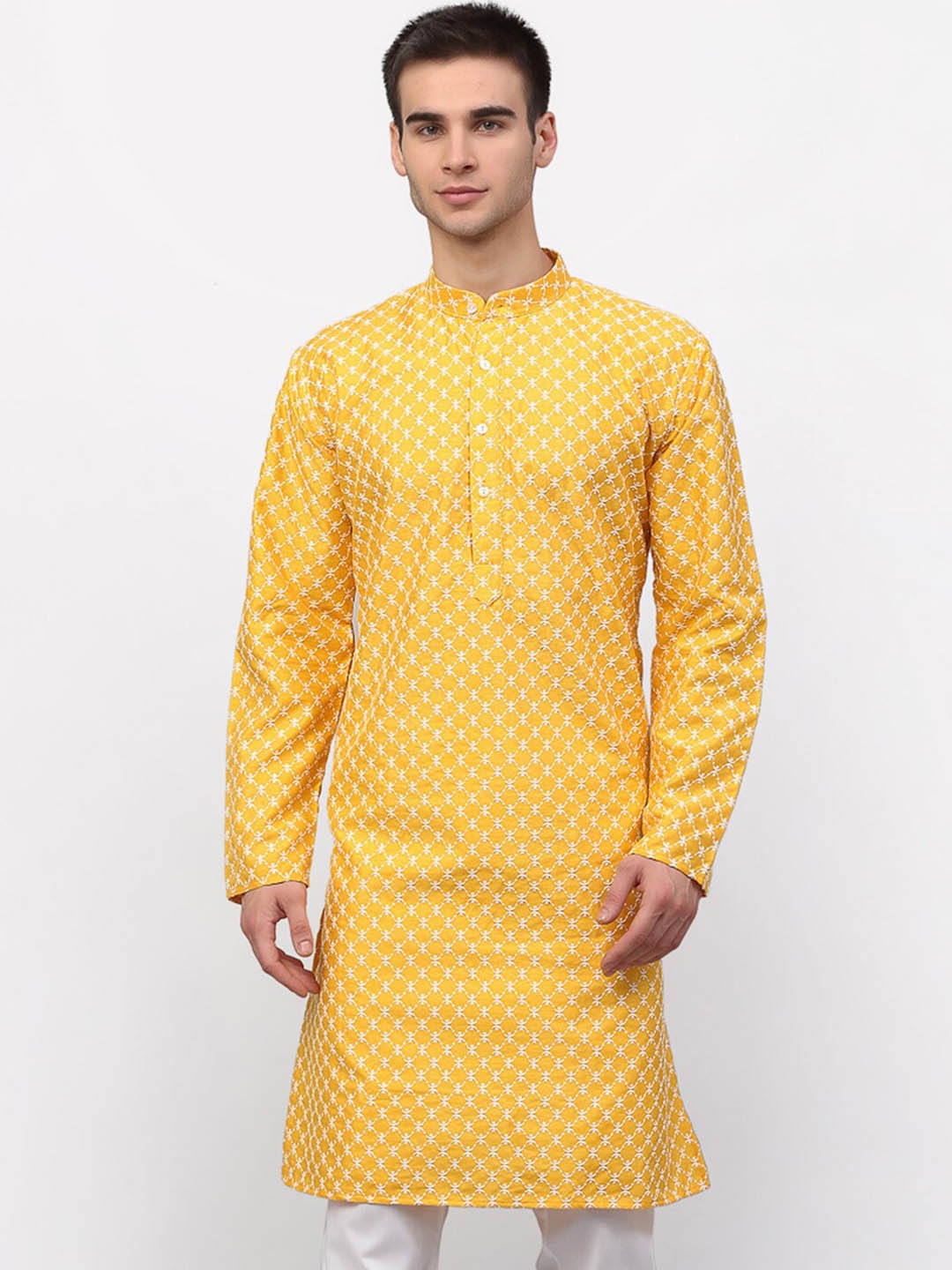 

Jompers Men Mustard Yellow Floral Embroidered Kurta