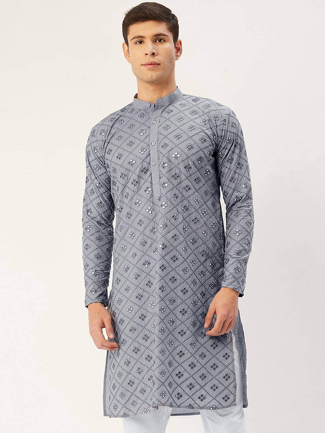 

Jompers Men Grey Mirror Work Kurta