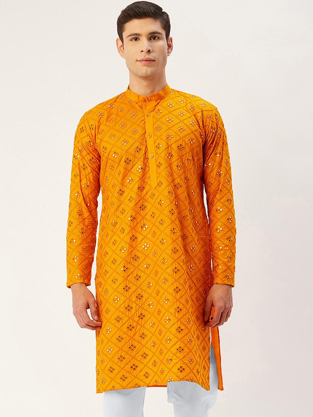 

Jompers Men Mustard Yellow Geometric Embroidered Mirror Work Kurta