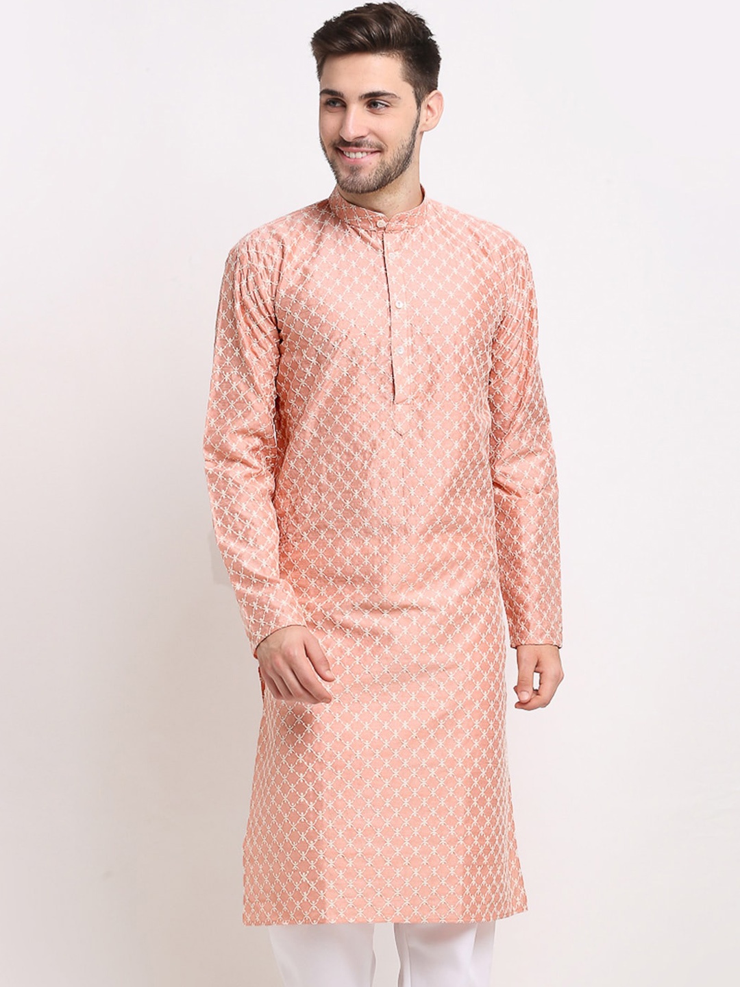 

Jompers Men Peach-Coloured Embroidered Work Kurta