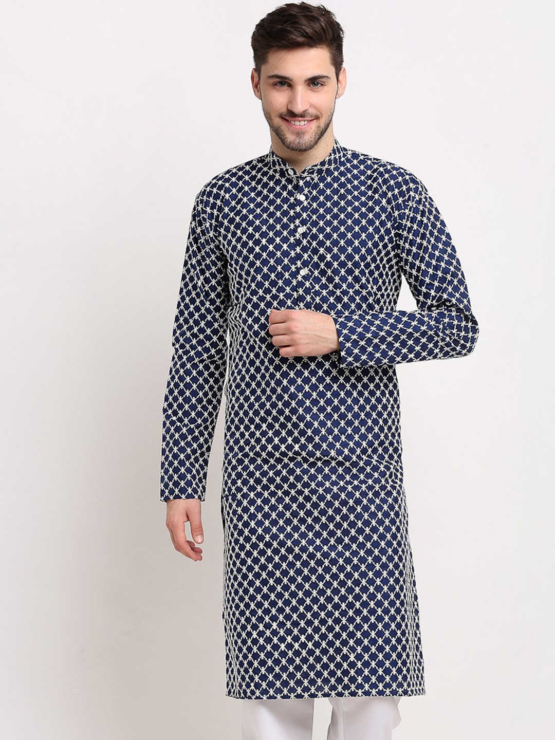 Jompers Men Navy Blue Embroidered Kurta