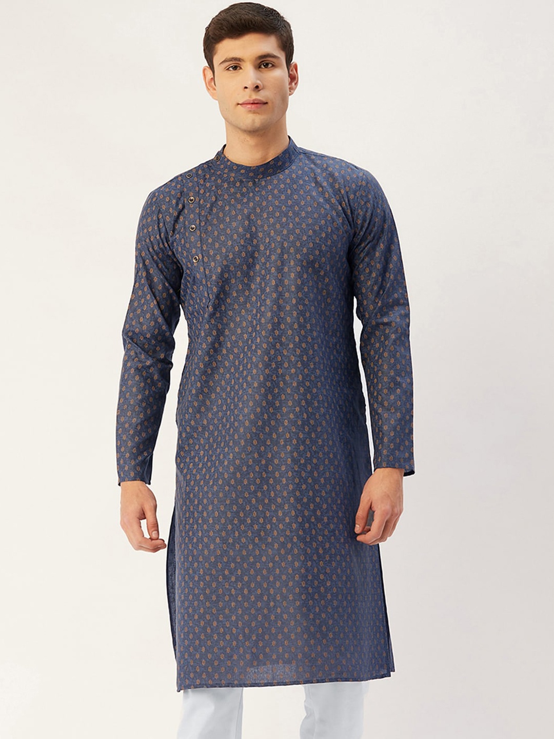 

Jompers Men Navy Blue Ethnic Motifs Mandarin Collar Kurta