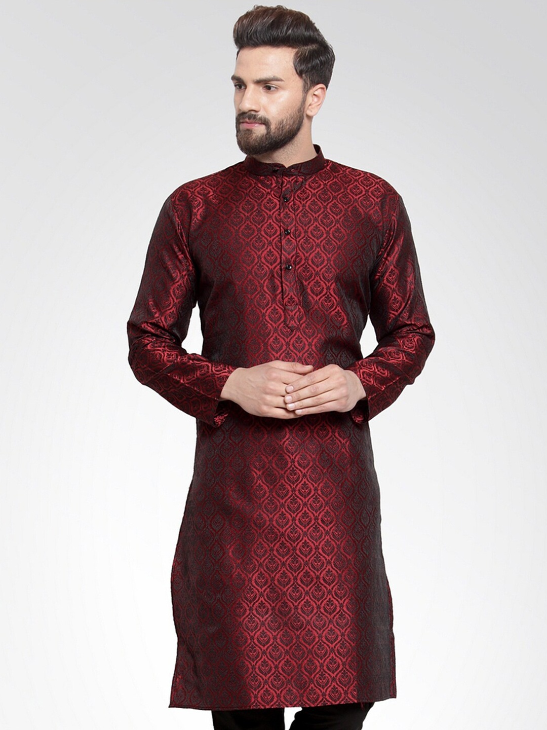 

Jompers Men Maroon Flared Sleeves Thread Work Jacquard Kurta