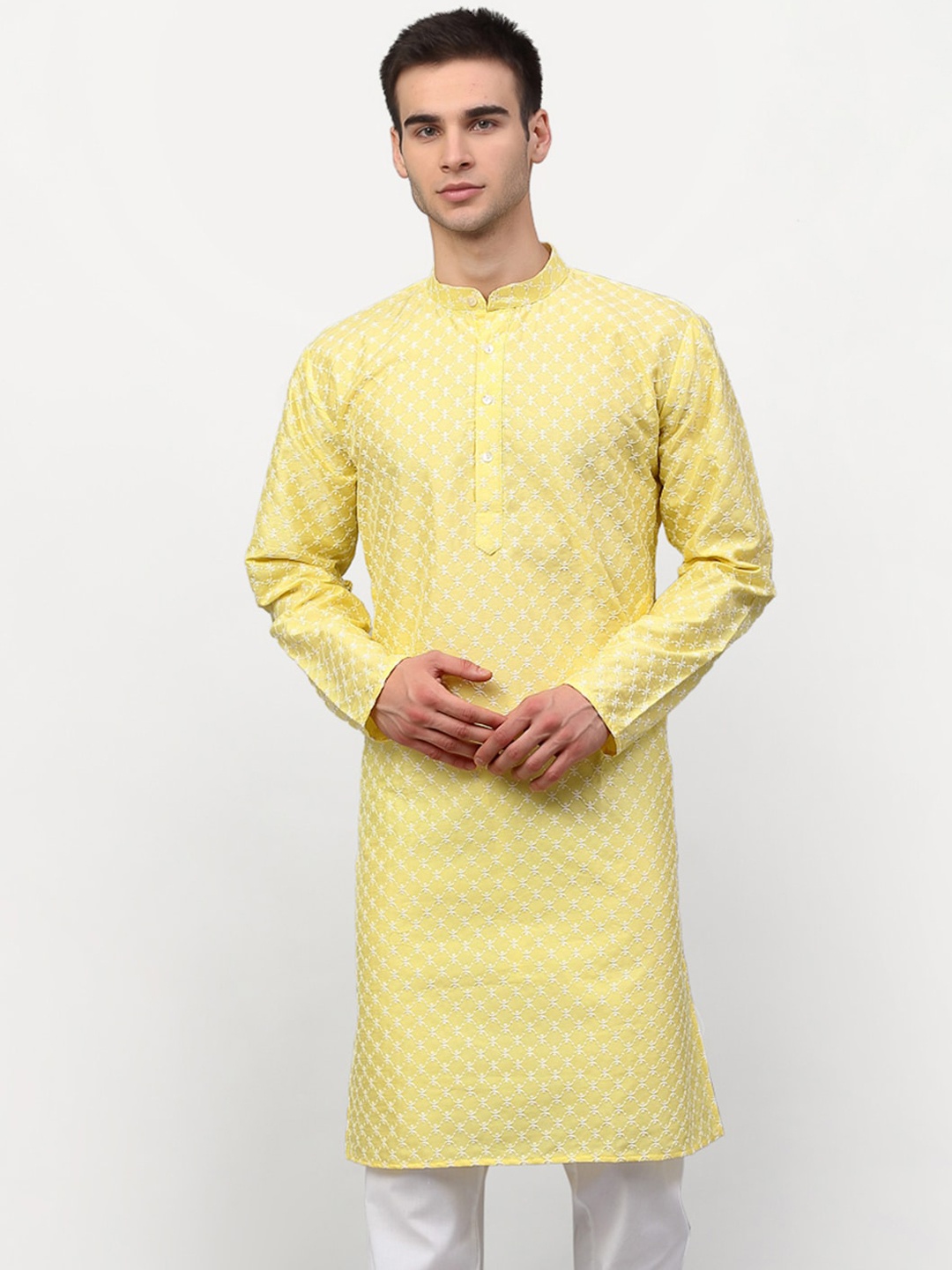 

Jompers Men Yellow Floral Embroidered Thread Work Silk Straight Kurta