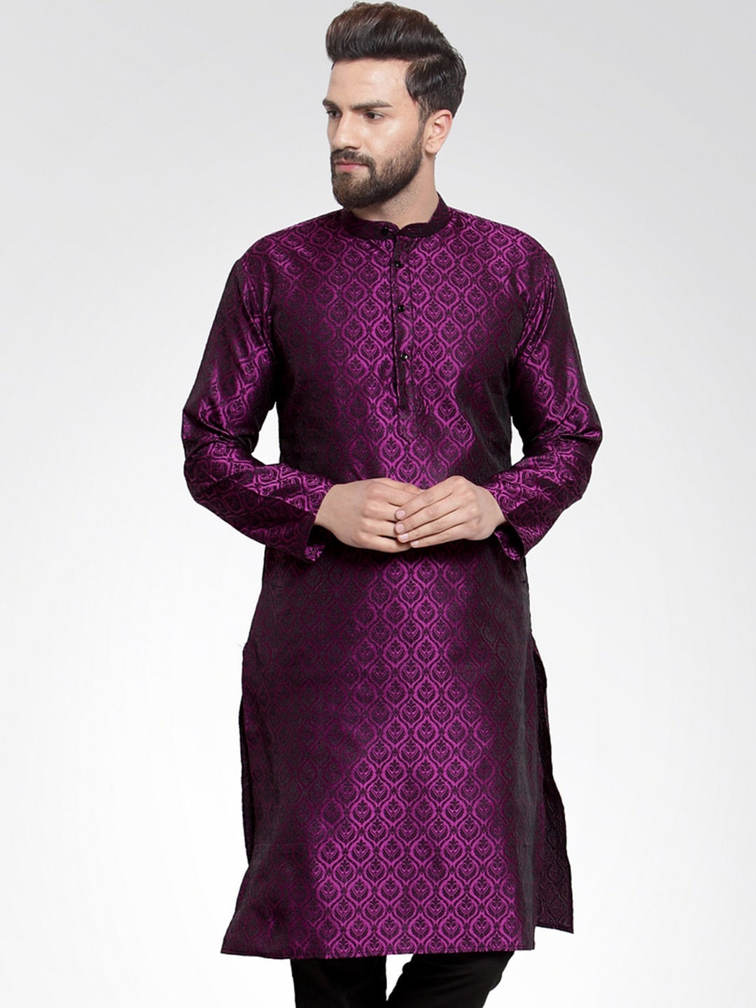 

Jompers Men Purple Chikankari Jacquard Self Design Kurta