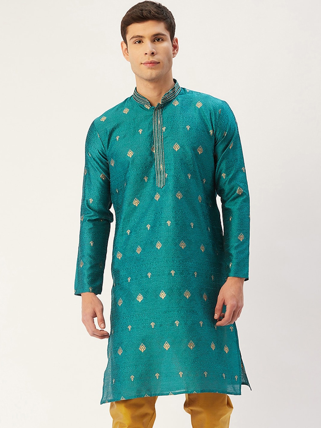 

Jompers Men Teal Blue & Gold Woven Design Kurtas