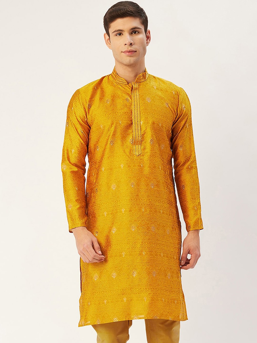 

Jompers Men Mustard Yellow Gold Woven Design Thread Work Kurta