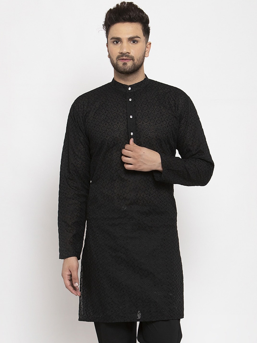 

Jompers Men Black Embroidered Thread Work Kurta