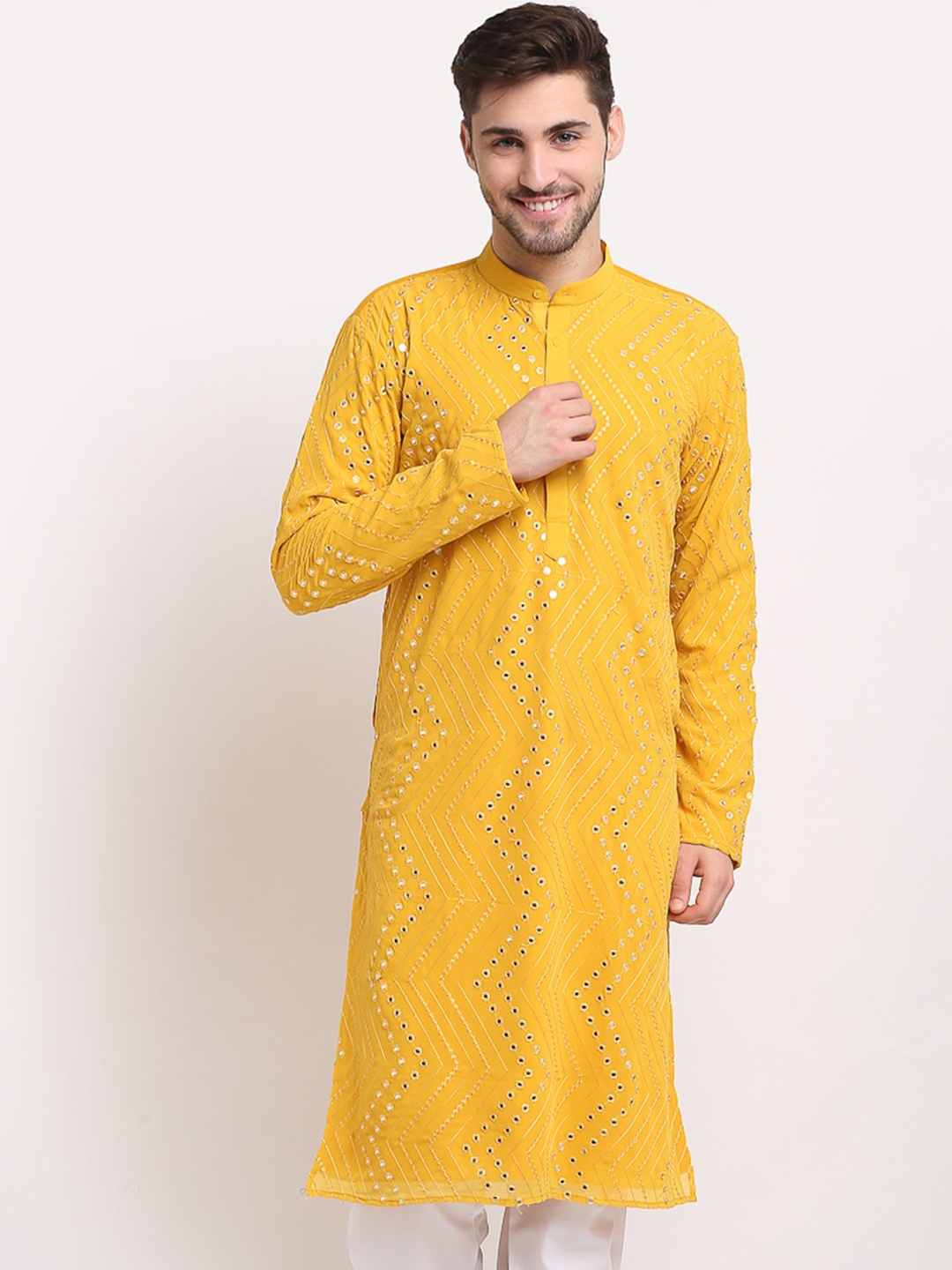 

Jompers Men Yellow Mirror Work Georgette embroidered Mirror Work Kurta
