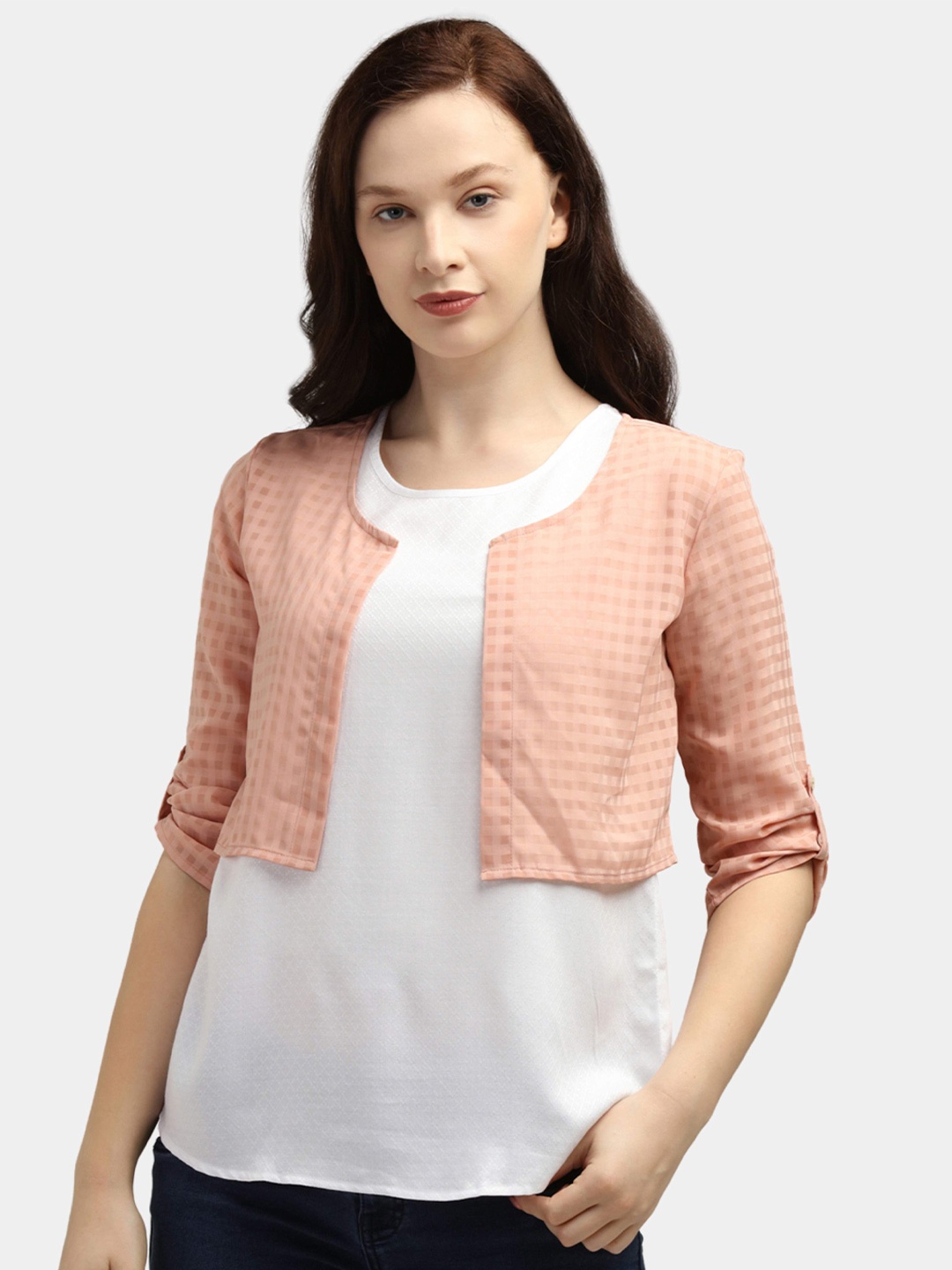 

IDK Women Peach-Coloured Crop Sheer Shrug