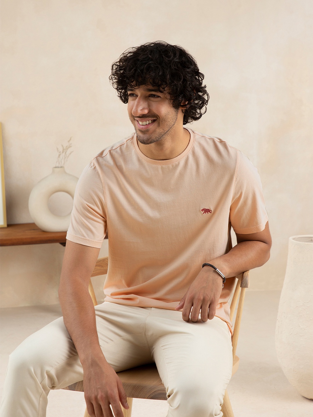 

Andamen Men Peach-Coloured Raw Edge T-shirt