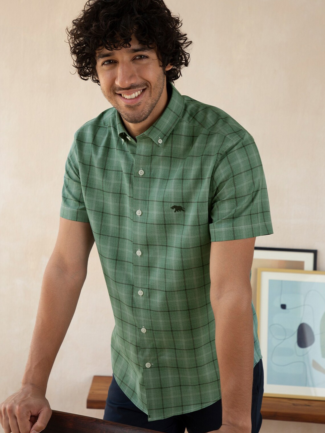 

Andamen Men Green Regular Fit Checked Cotton Casual Shirt