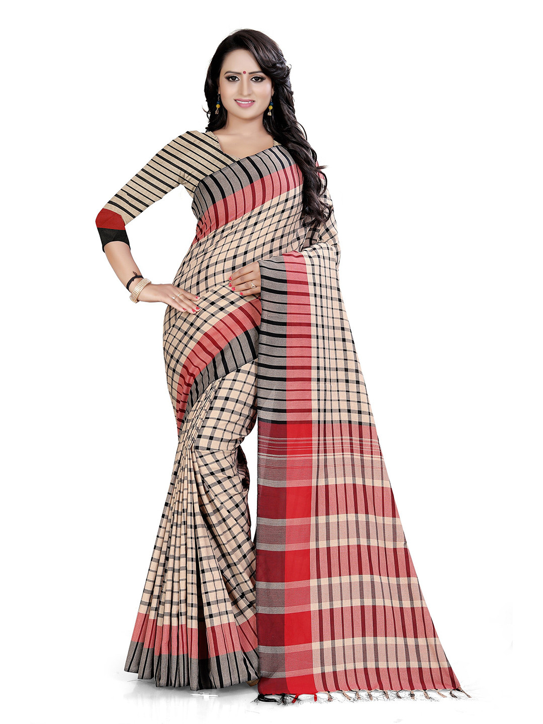 

DITISA FASHION Red & Beige Checked Linen Blend Saree