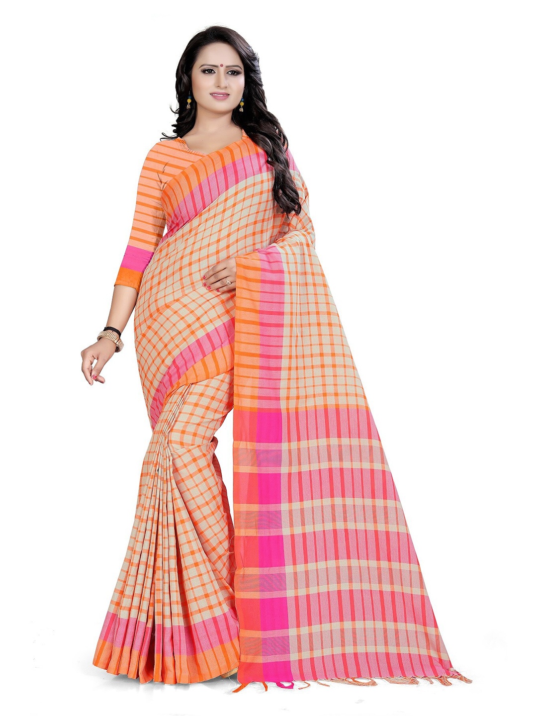 

DITISA FASHION Orange & Pink Checked Linen Blend Saree