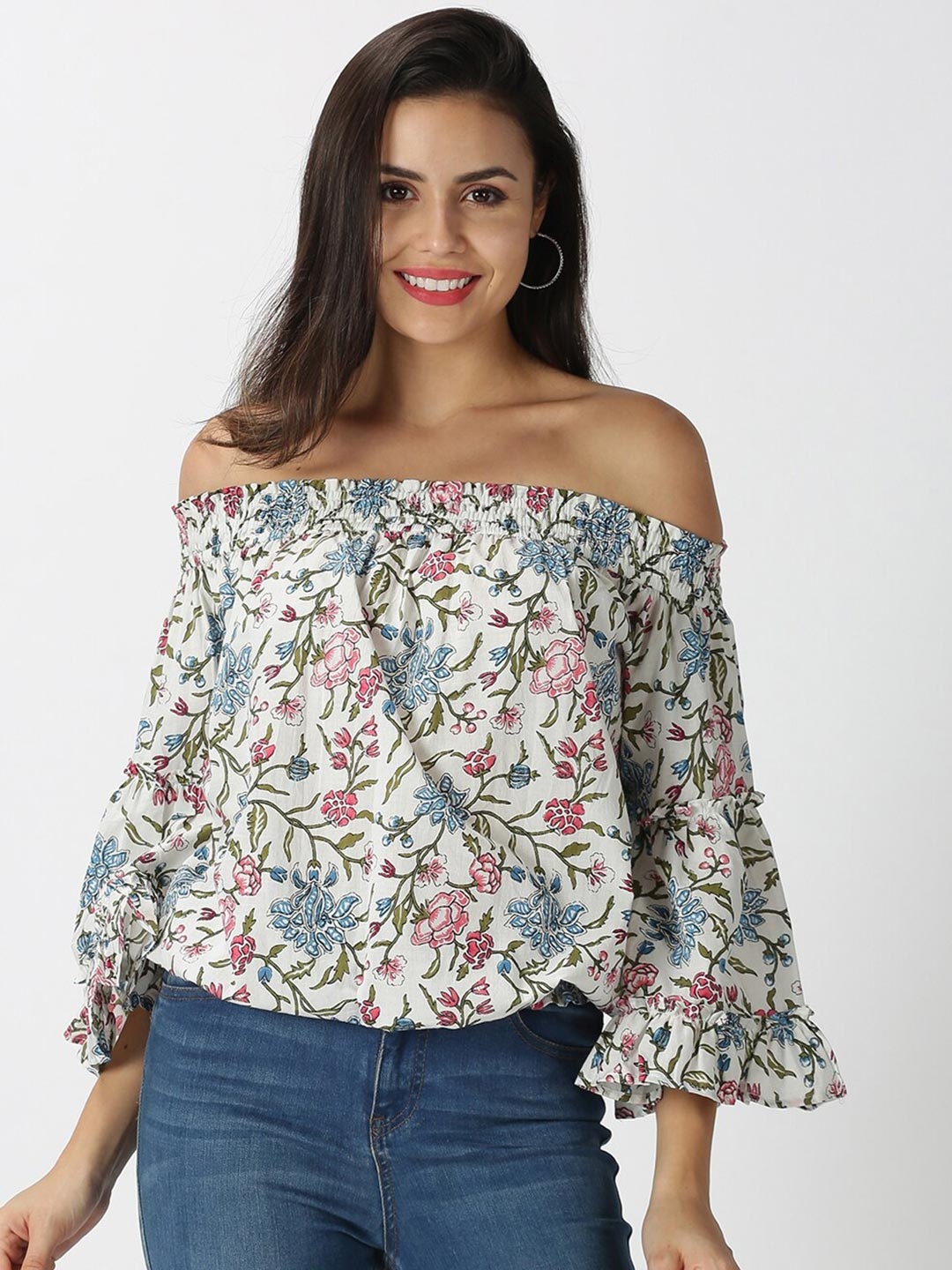

Saffron Threads White & Pink Floral Print Off-Shoulder Pure Cotton Bardot Top