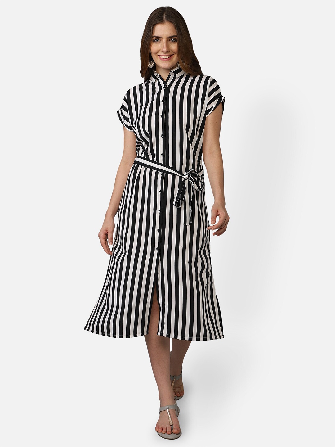 

Fbella Black & eerie black Striped Crepe Shirt Midi Dress