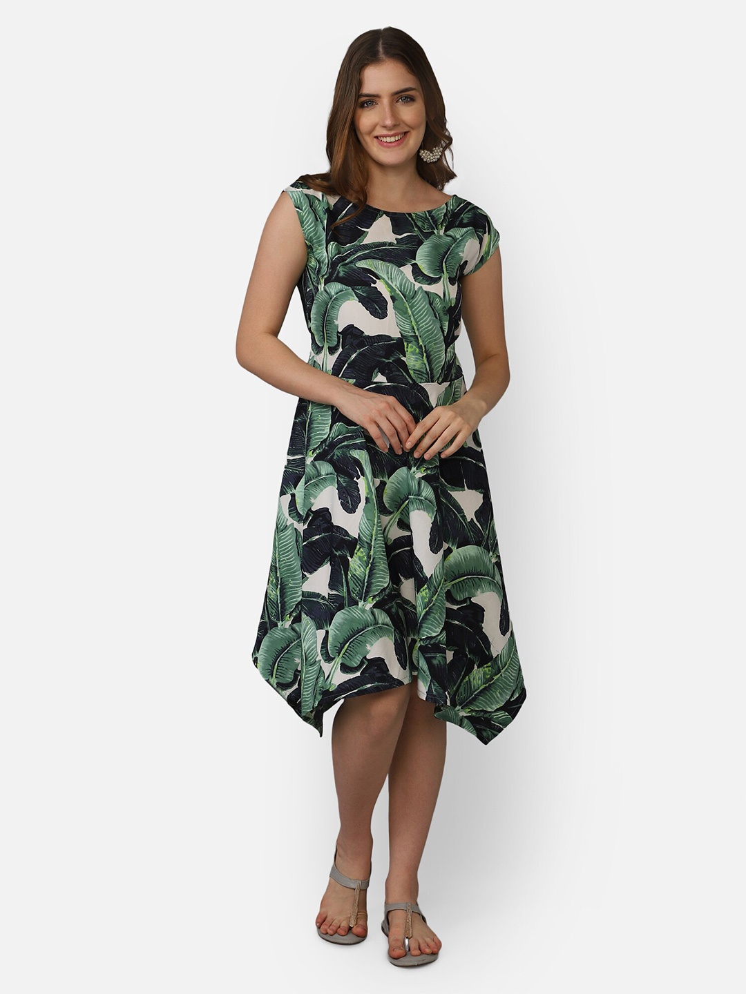 

Fbella Green Tropical Crepe A-Line Dress