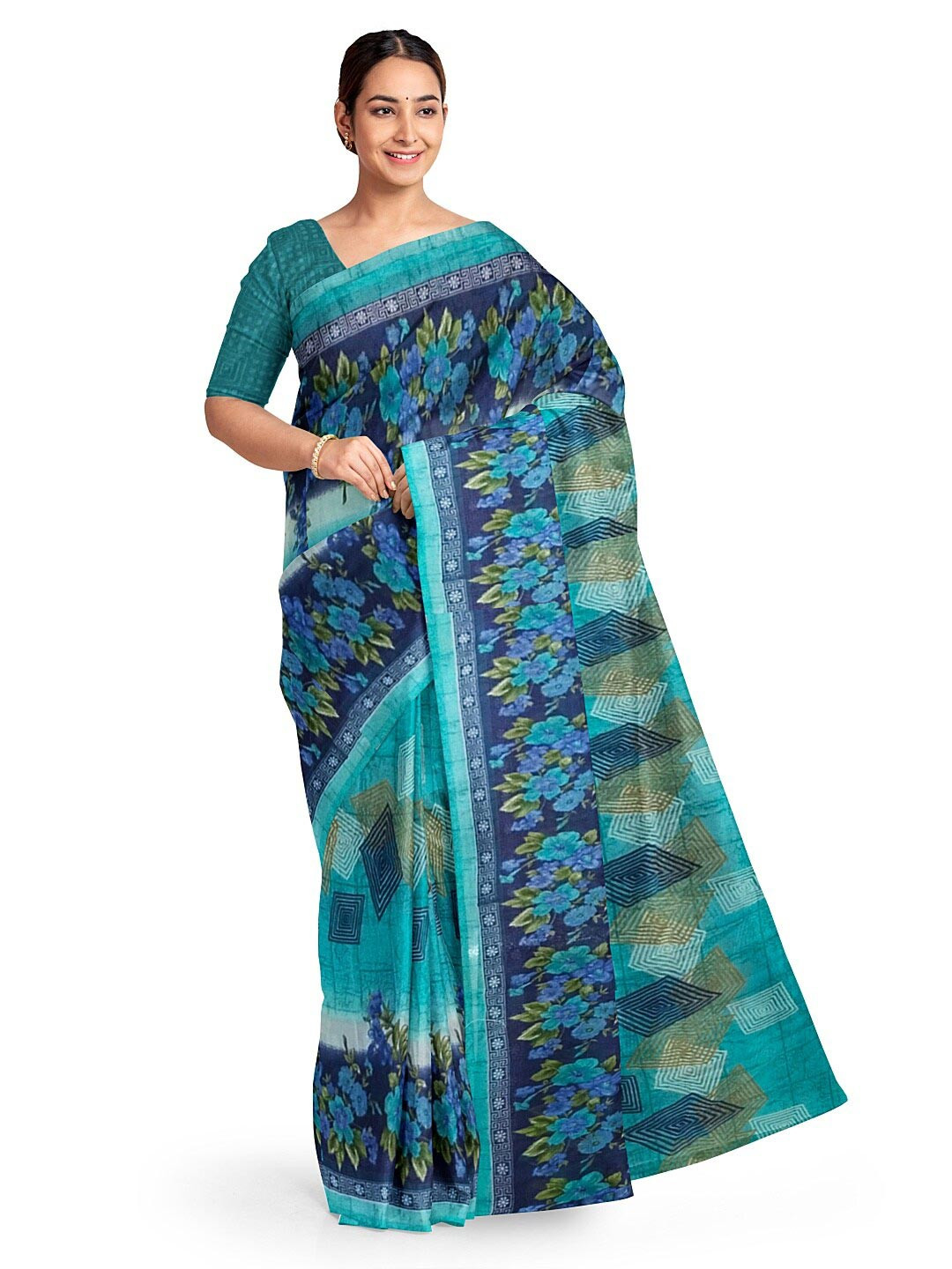

Florence Green & White Floral Pure Georgette Fusion Dharmavaram Saree