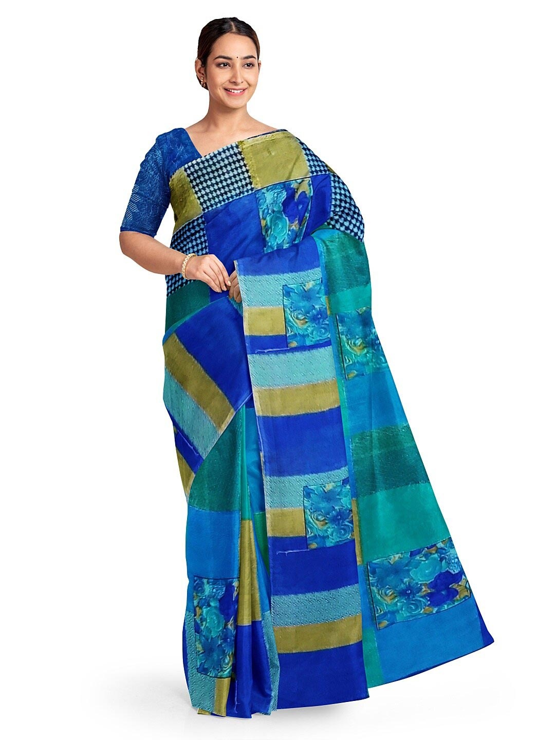 

Florence Blue & Beige Ethnic Motifs Pure Georgette Fusion Dharmavaram Saree