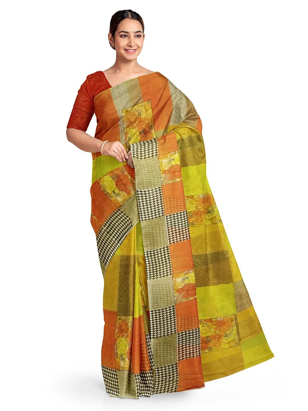 

Florence Yellow & Rust Pure Georgette Fusion Dharmavaram Saree