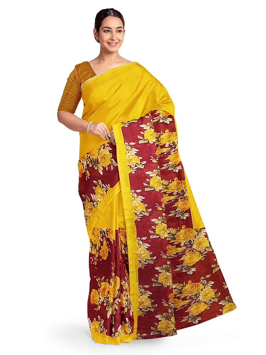 

Florence Women Yellow & Maroon Floral Pure Georgette Fusion Dharmavaram Saree