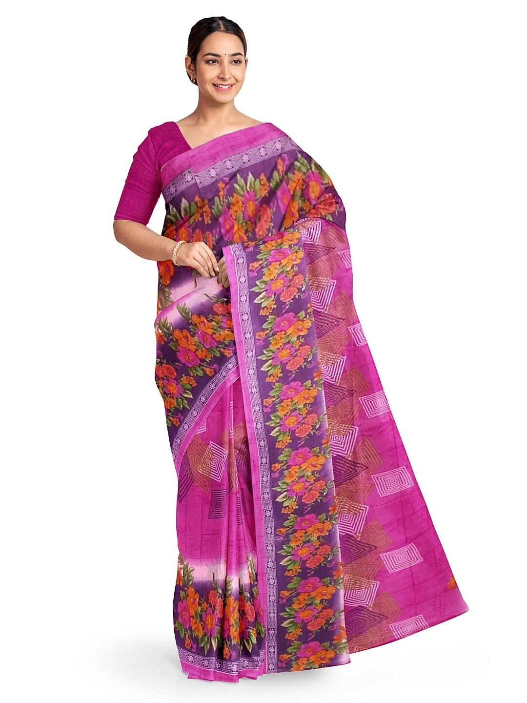 

Florence Pink & White Floral Pure Georgette Fusion Dharmavaram Saree