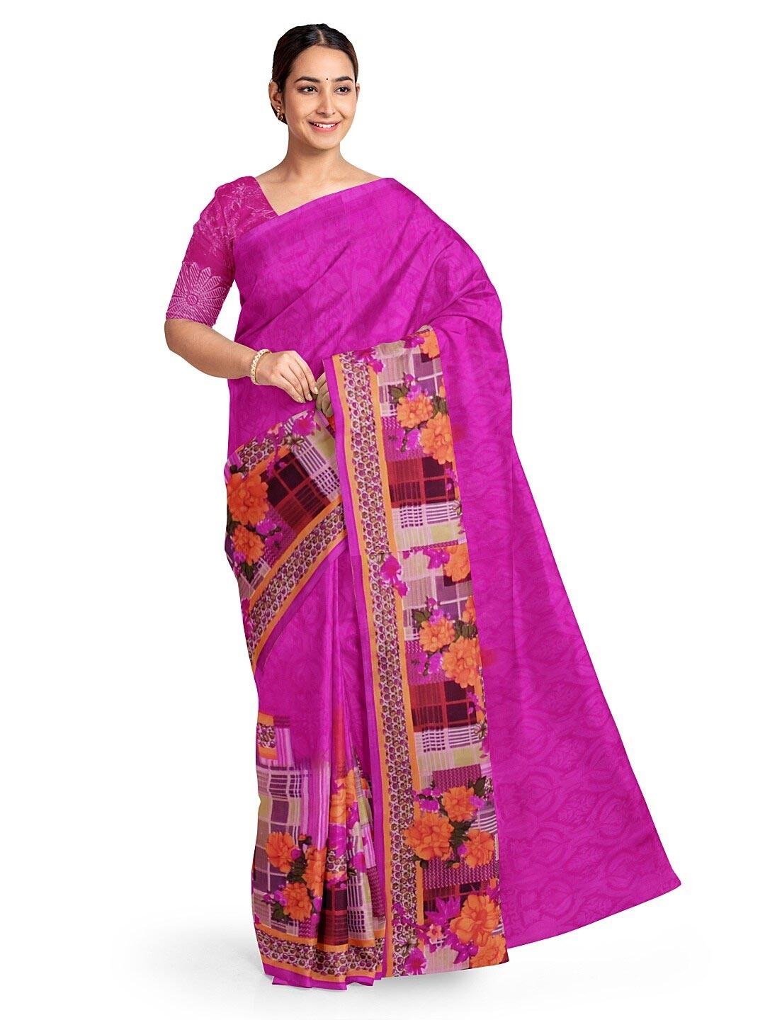 

Florence Pink & Yellow Floral Pure Georgette Fusion Dharmavaram Saree