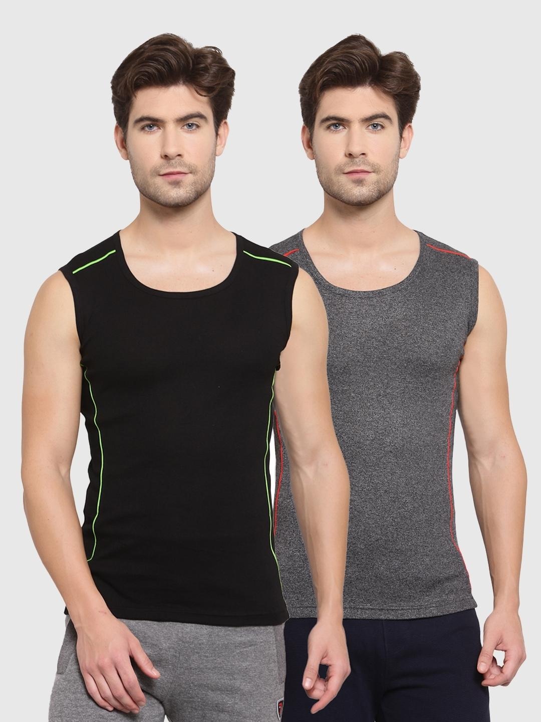 

SPORTO Men Pack Of 2 Solid Pure Combed Cotton Gym Vests, Black