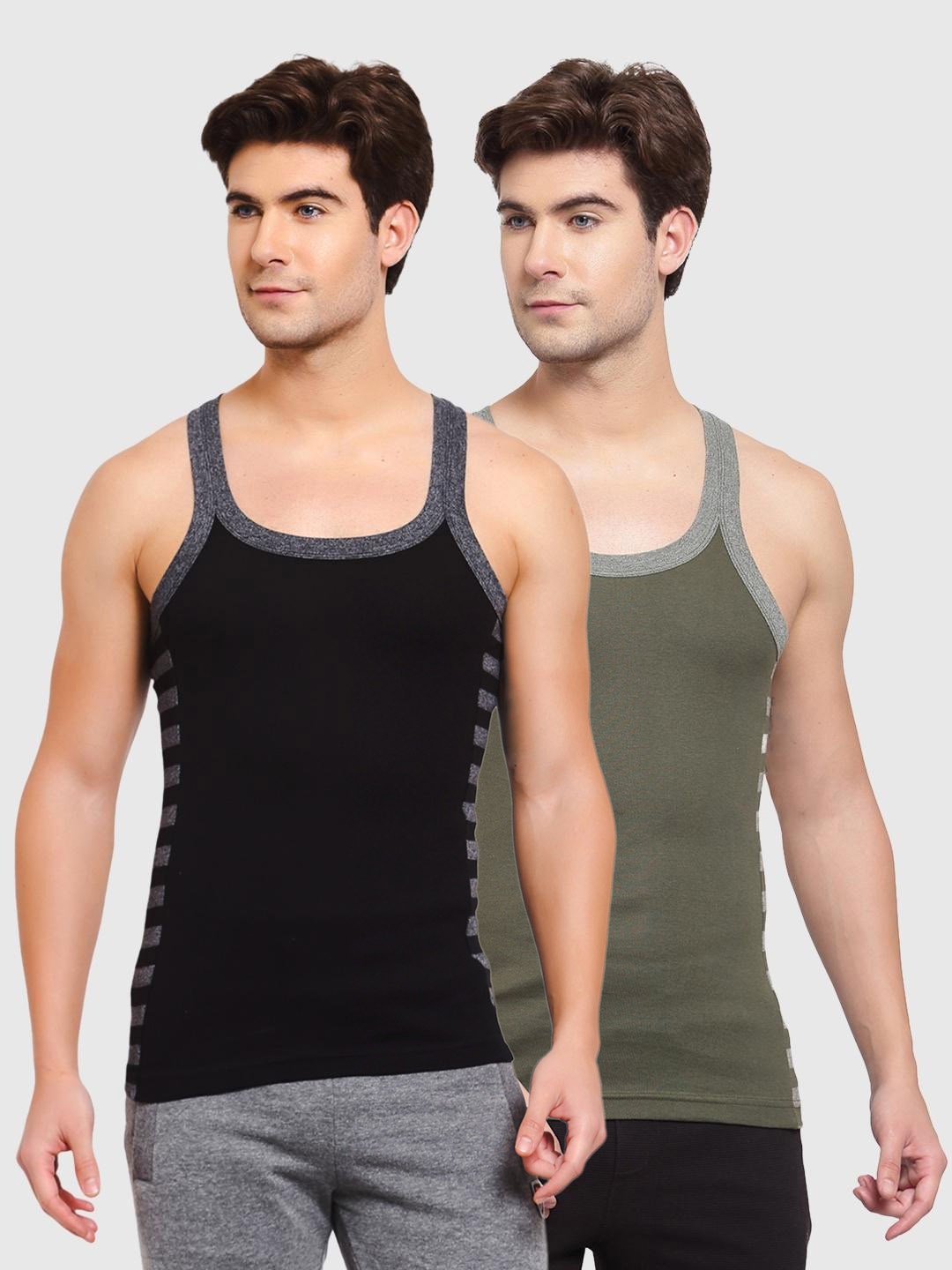 

SPORTO Men Black & Olive Pack Of 2 Solid Cotton Innerwear Vests