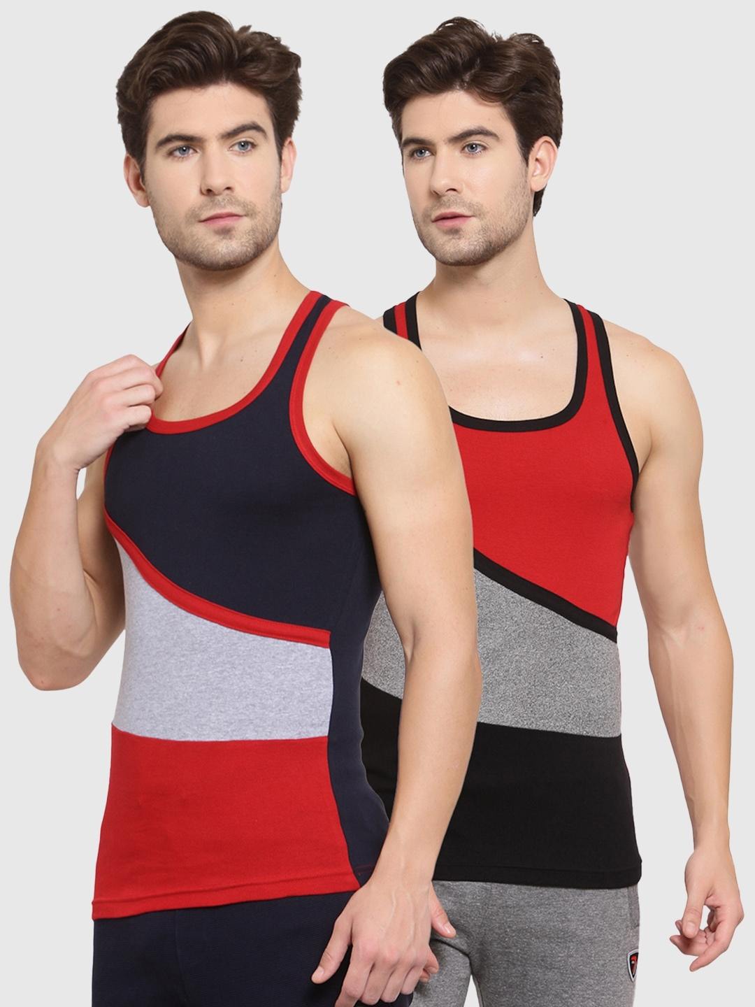 

SPORTOMen Pack Of 2 Printed Pure Combed Cotton Gym Vests, Red