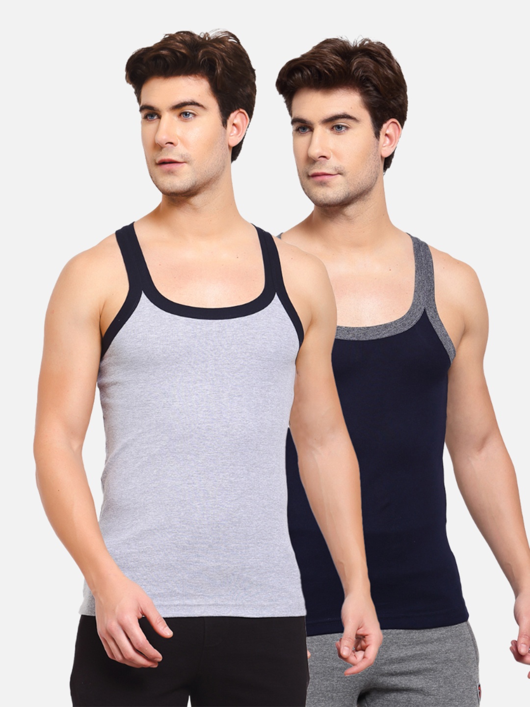 

SPORTO Men Pack of 2 Grey & Navy Blue Solid Pure Cotton Innerwear Vests
