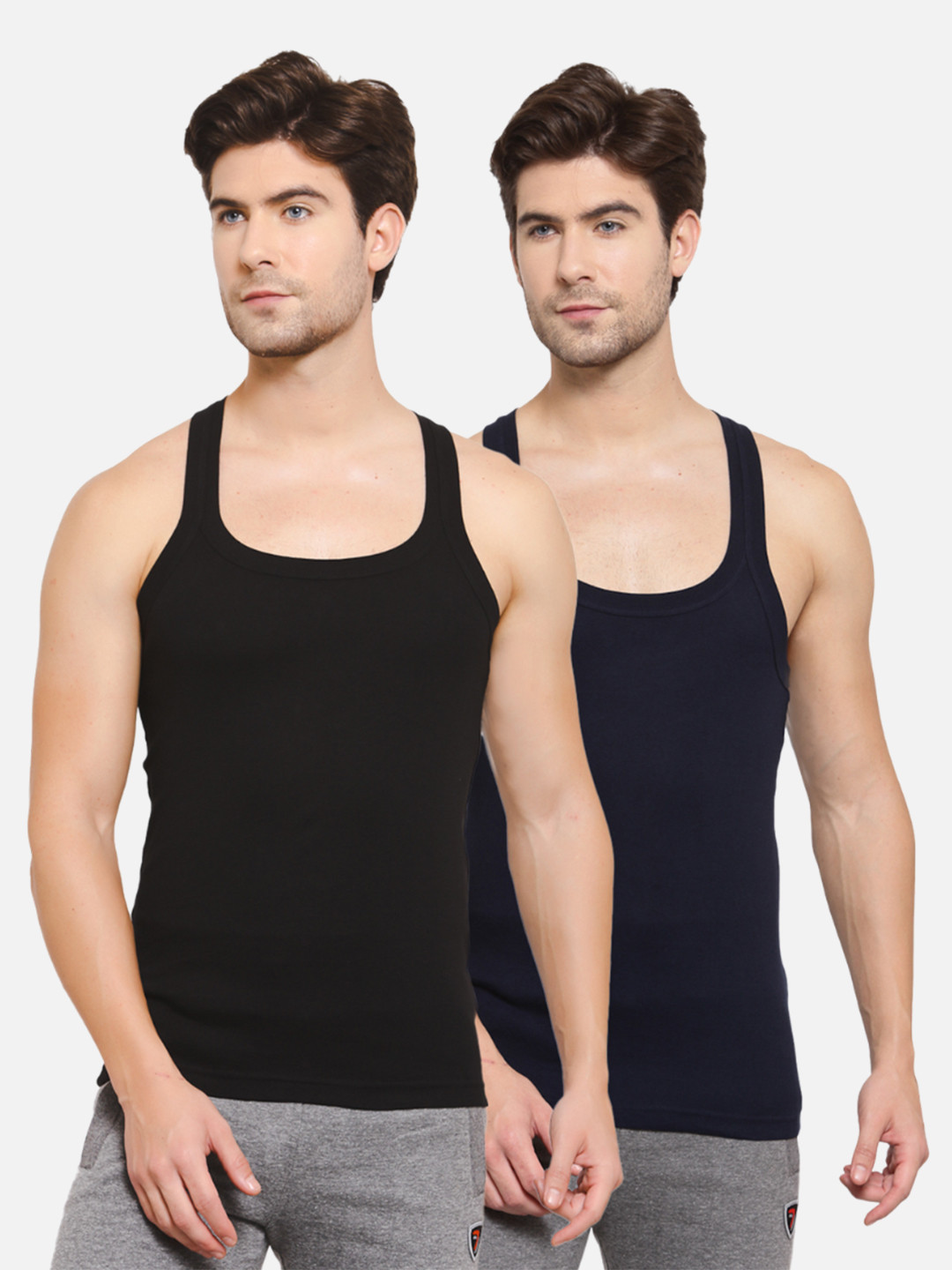 

SPORTO Men Pack Of 2 Black & Navy Blue Solid Cotton Innerwear Gym Vests