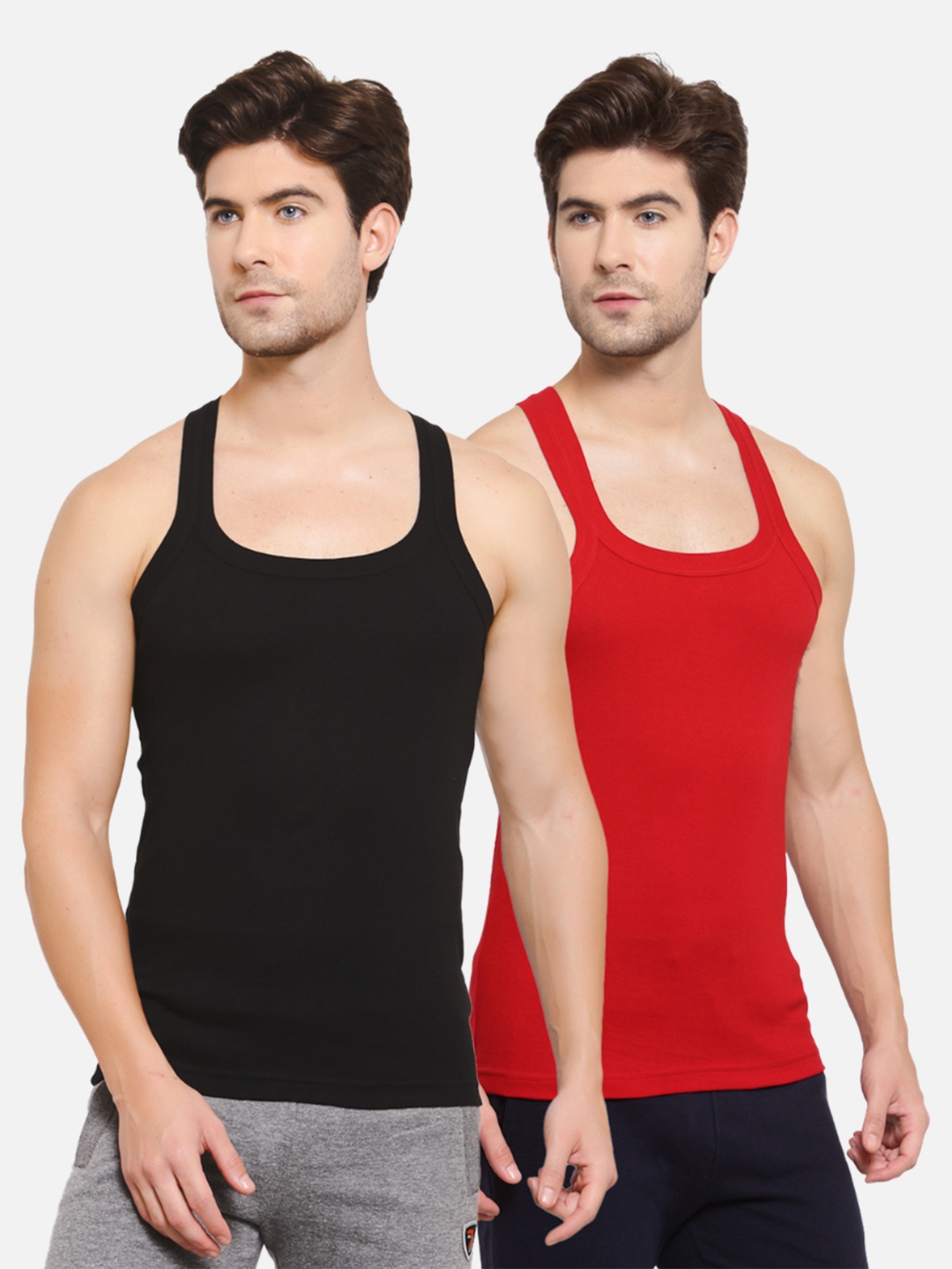 

SPORTO Men Pack Of 2 Solid Pure Cotton Rib Innerwear Vest, Black