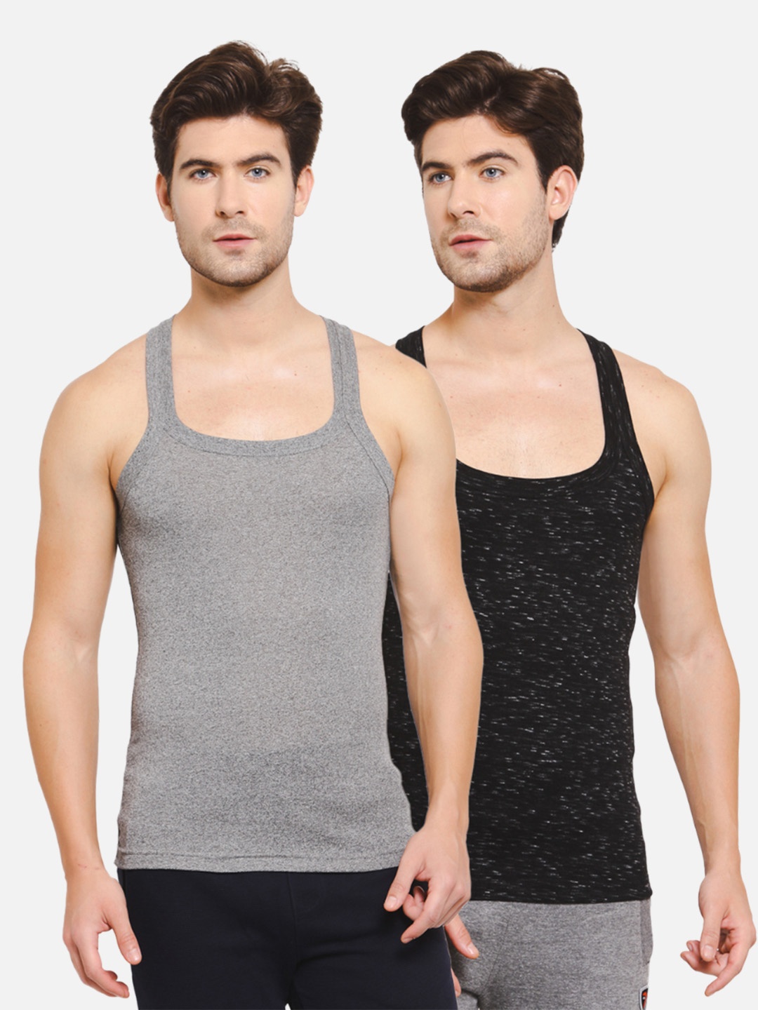 

SPORTO Men Pack of 2 Grey & Black Solid Cotton Innerwear Gym Vests