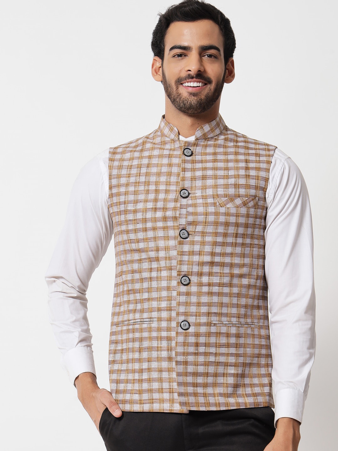 

Vastraa Fusion Men Grey Checkered Woven-Design Nehru Jacket