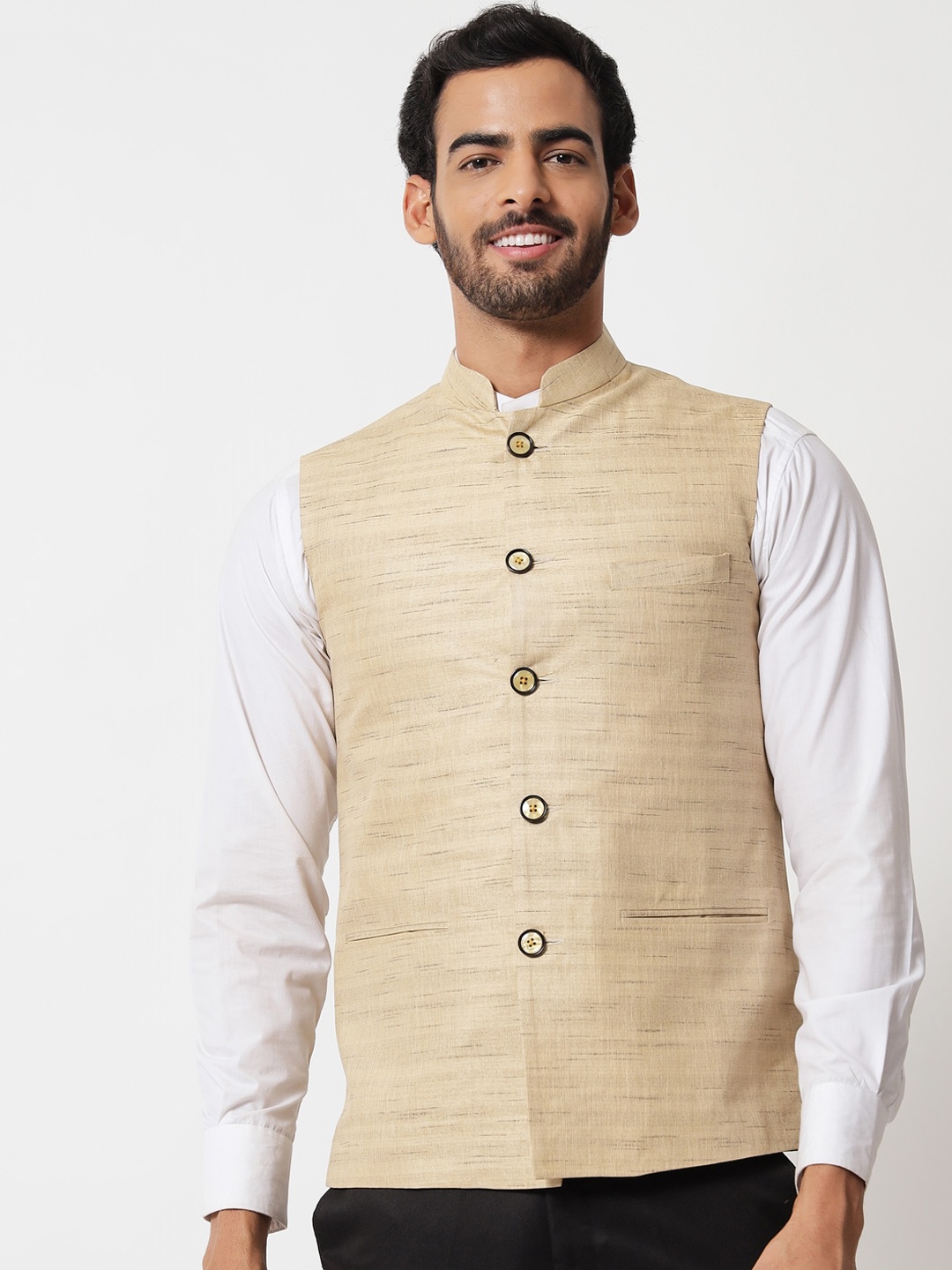 

Vastraa Fusion Men Beige Woven Design Nehru Jackets