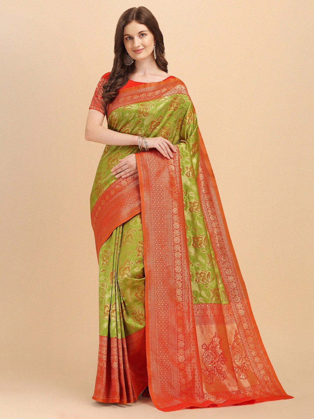 

ZIKARAA Green & Red Floral Zari Pure Silk Kanjeevaram Saree