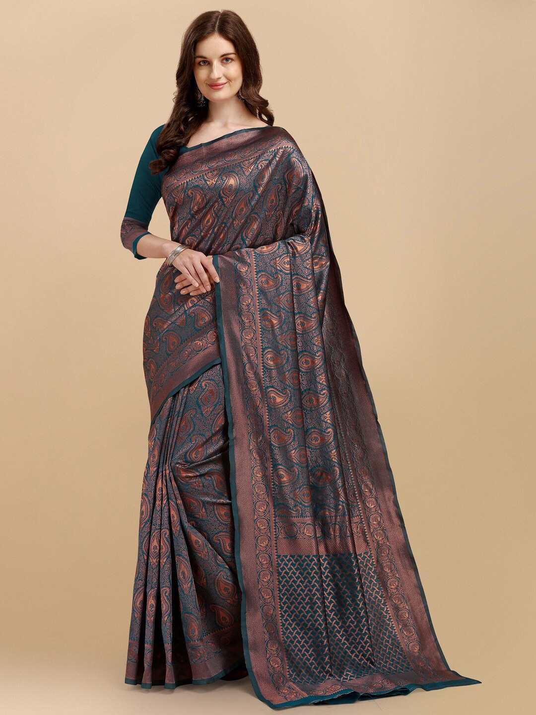 

ZIKARAA Teal Paisley Zari Pure Silk Kanjeevaram Saree