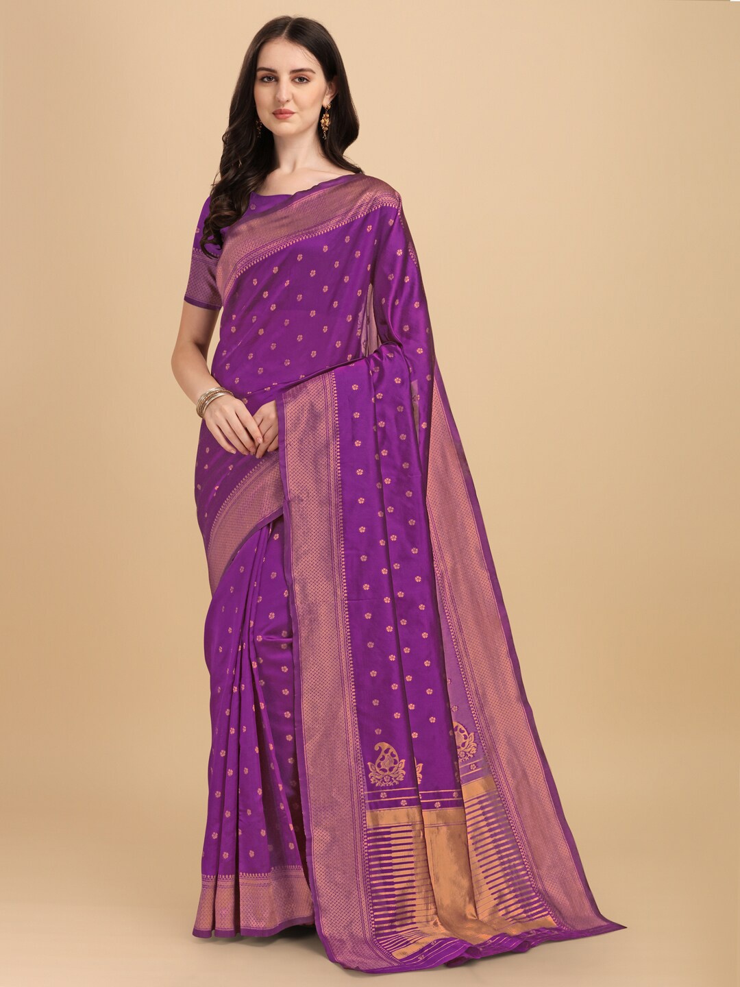 

ZIKARAA Purple & Gold-Toned Woven Design Zari Pure Silk Banarasi Saree