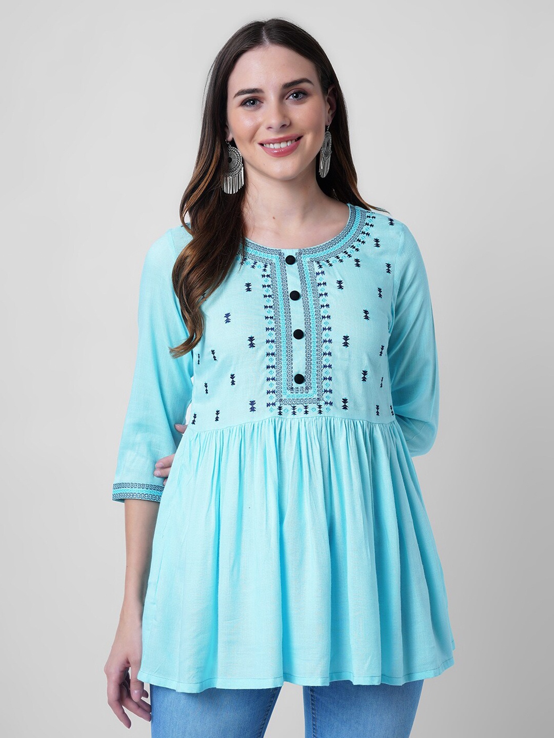 

NITVAN Women Turquoise Blue Embroidery Peplum Top
