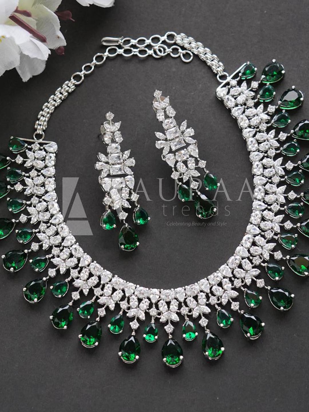 

AURAA TRENDS Rhodium-Plated Silver-Toned Green AD Studded Jewellery Set