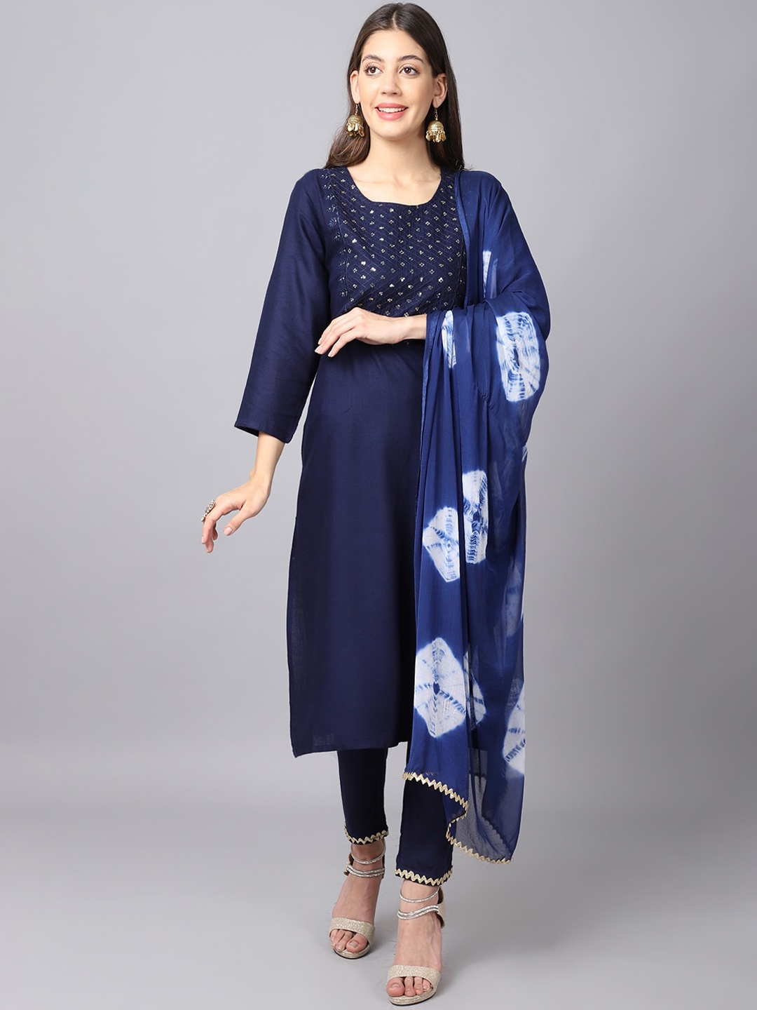 

ANAISA Women Navy Blue Floral Yoke Design Sequinned Kurta with Trousers & With Dupatta