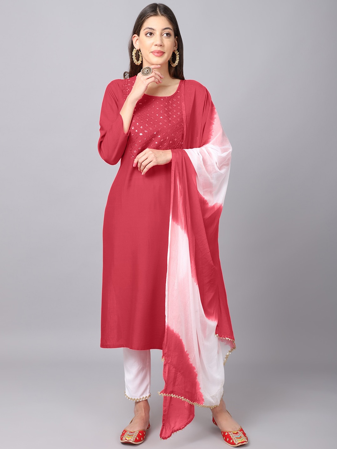 

ANAISA Women Red Floral Yoke Design Sequinned Kurta with Trousers & With Dupatta